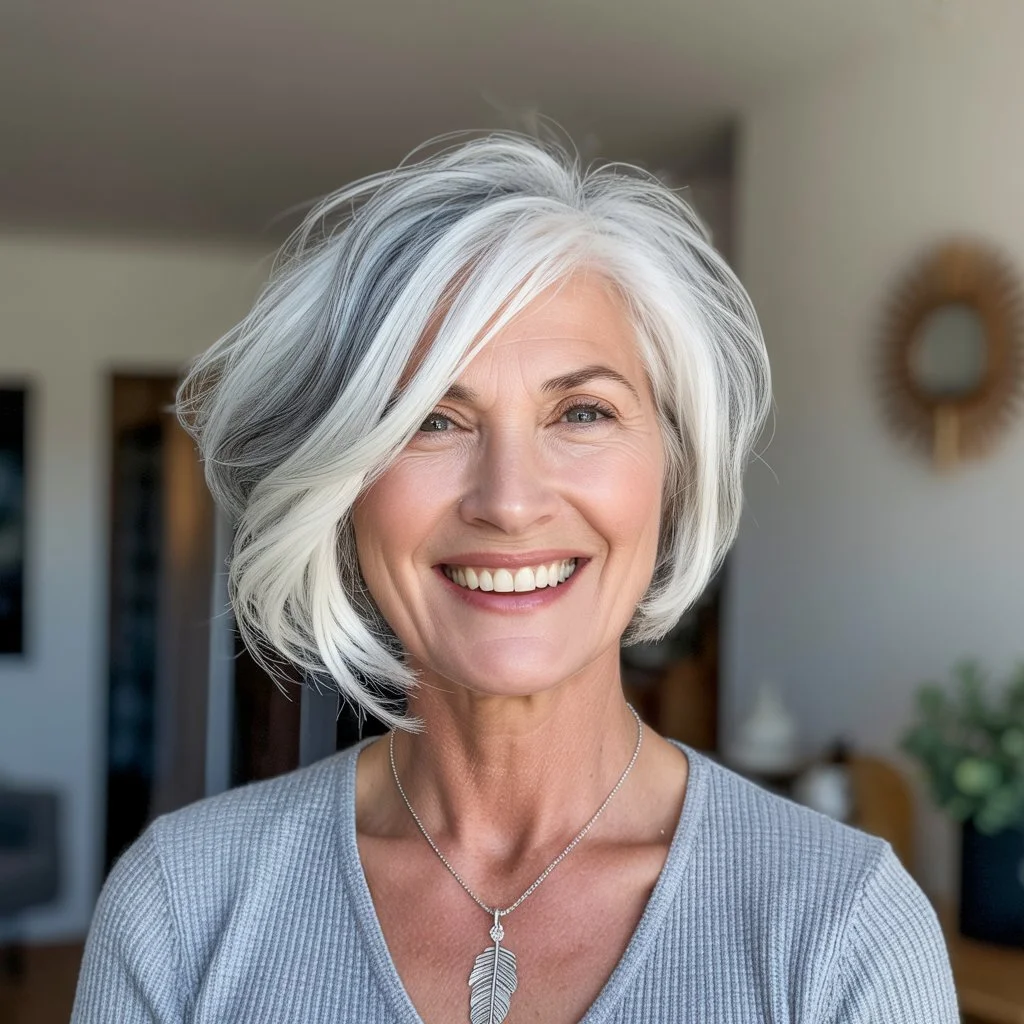 elegant summer haircuts for women over 60 2026 Layered silver bob with side part