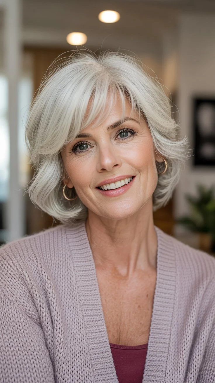 elegant summer haircuts for women over 60 2026 Feathered medium bob with airy bangs