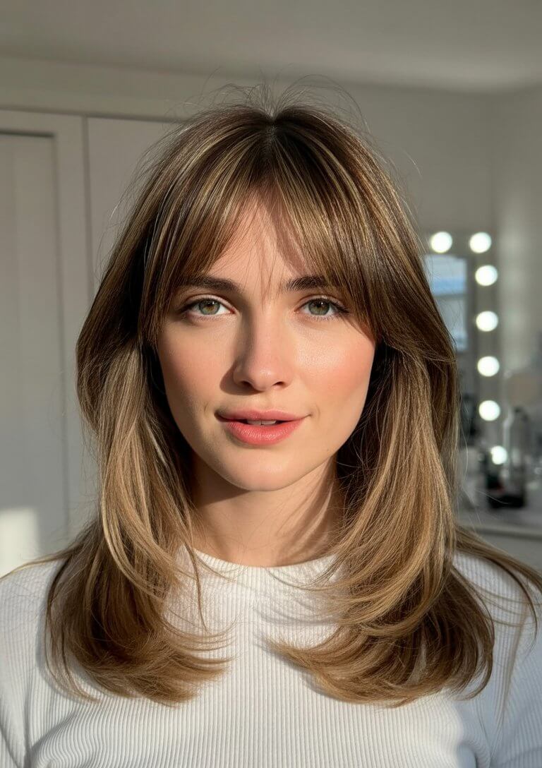 flattering summer haircut for round face 2026 soft medium layers with wispy front bangs