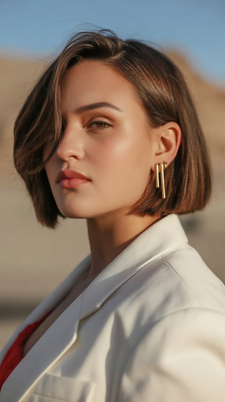 flattering summer haircut for round face 2026 polished side part bob with summer glow
