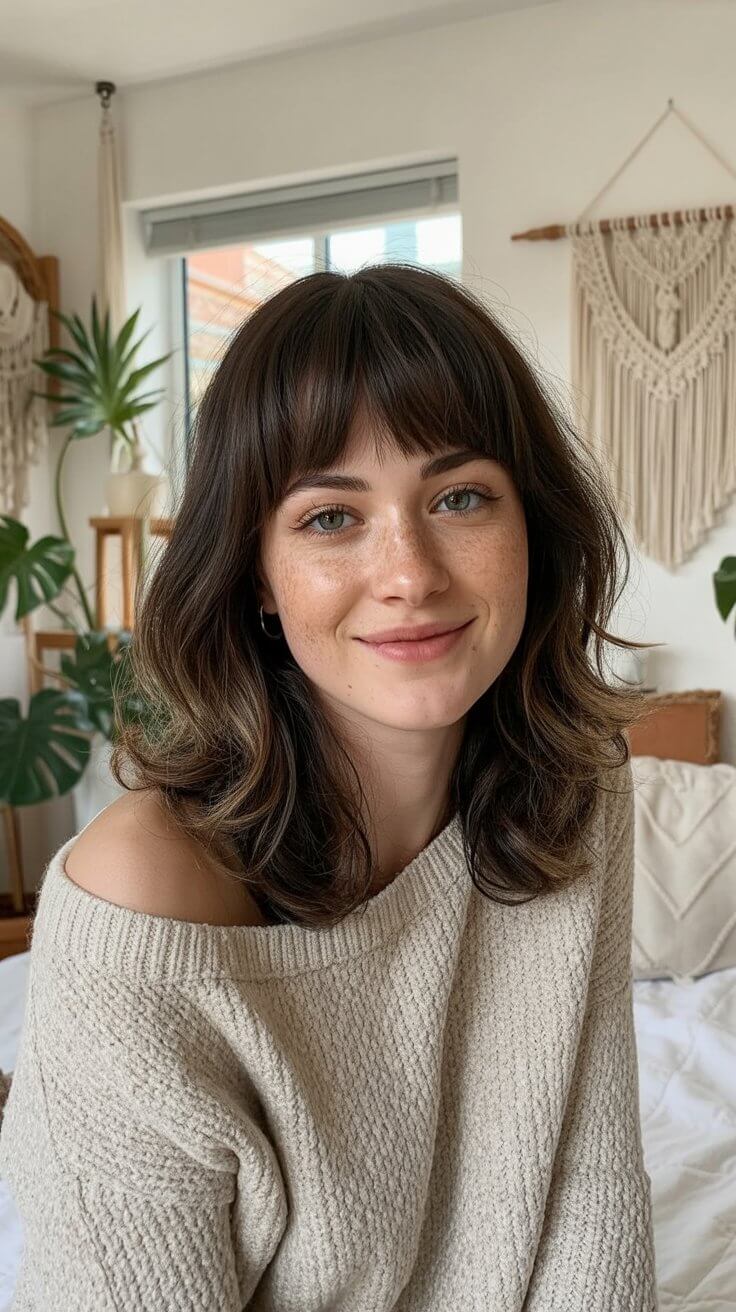flattering summer haircut for round face 2026 layered shag with soft bangs and natural texture