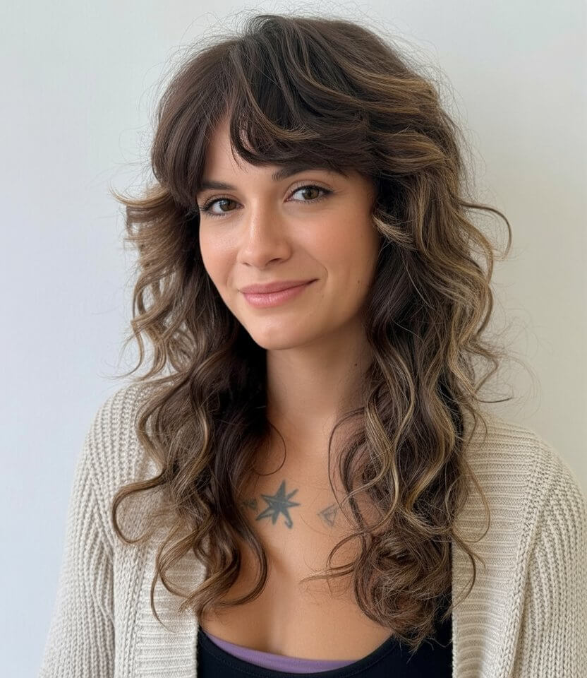 flattering summer haircut for round face 2026 textured curly layers with soft fringe movement