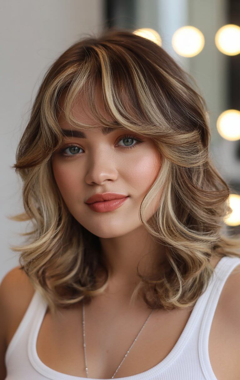 flattering summer haircut for round face 2026 layered volume bob with soft curtain bangs