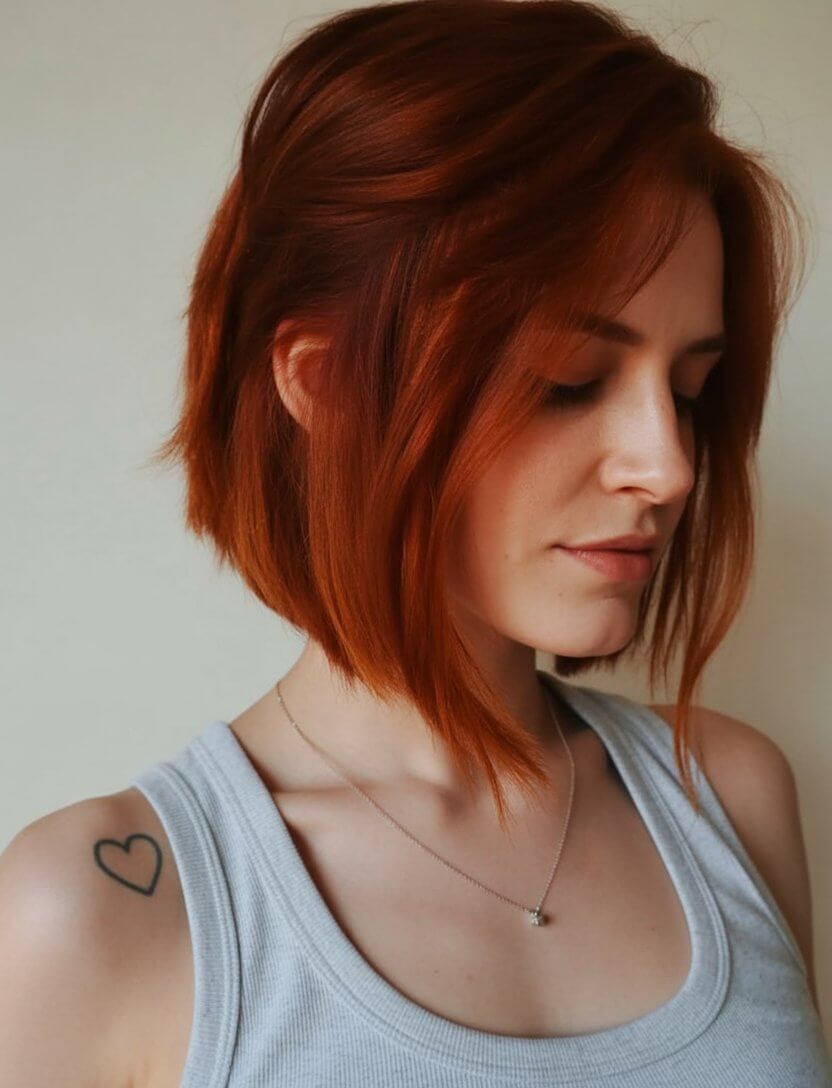 flattering summer haircut for round face 2026 sharp copper bob with attitude