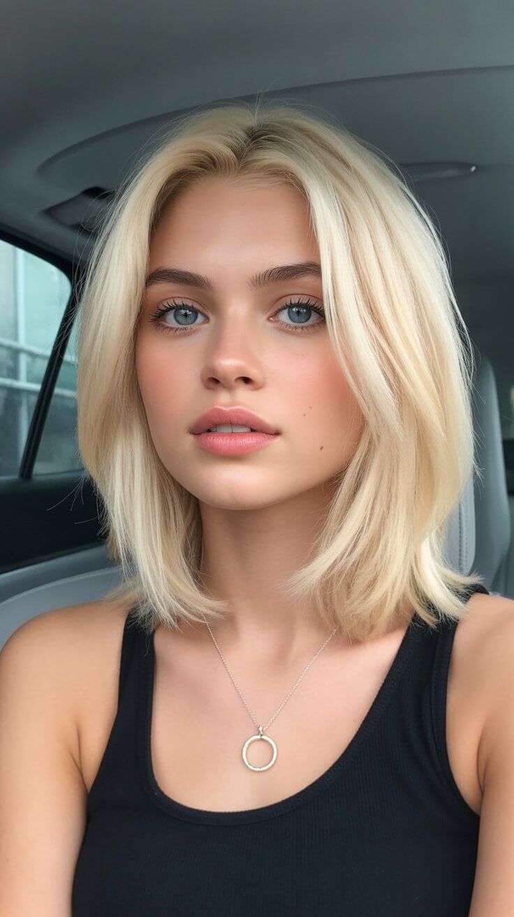 flattering summer haircut for round face 2026 soft blonde mid length cut with airy ends