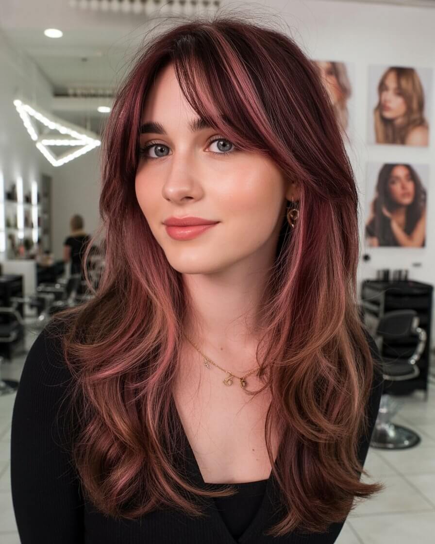 flattering summer haircut for round face 2026 rose brunette layers with soft face framing flow