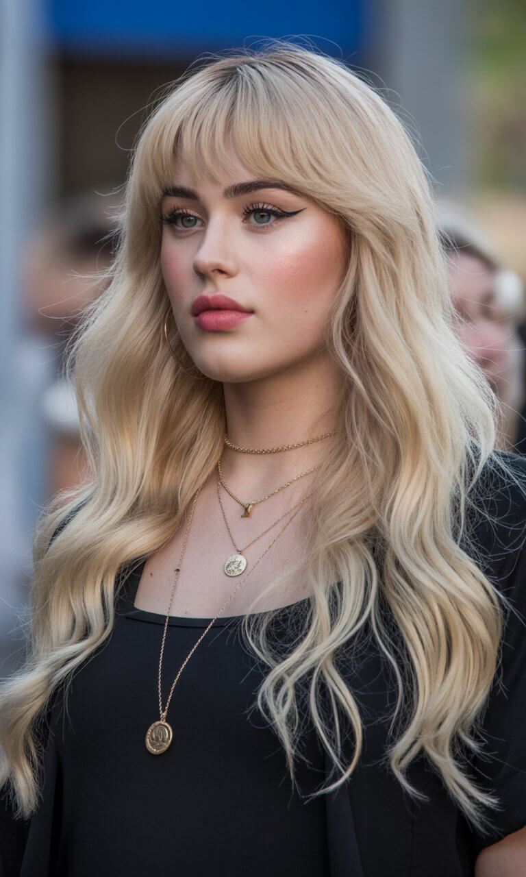 flattering summer haircut for round face 2026 soft blonde waves with full bangs and airy length