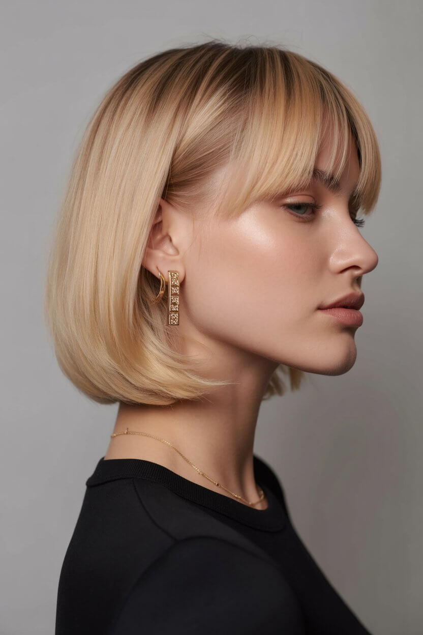 flattering summer haircut for round face 2026 soft blonde bob with front bangs glow
