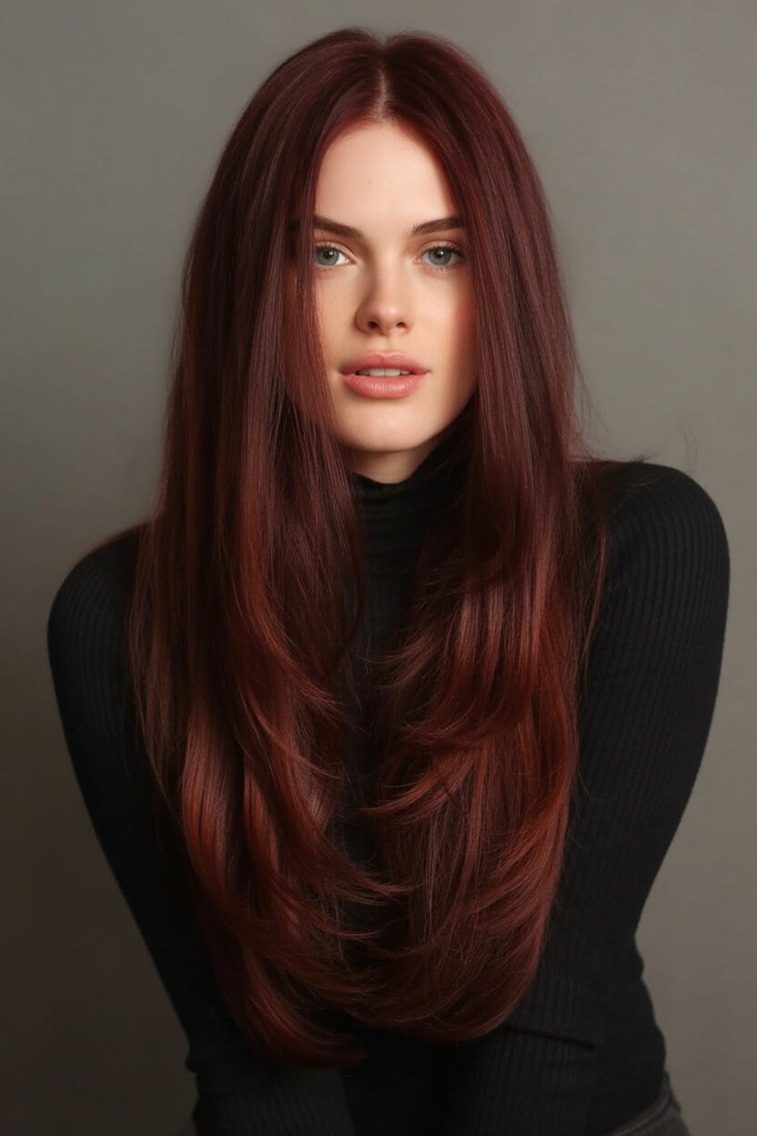 flattering summer haircut for round face 2026 sleek deep auburn length with minimal layers