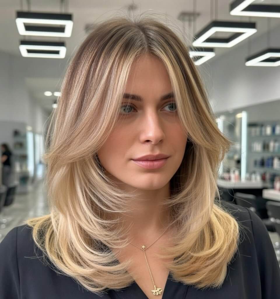 flattering summer haircut for round face 2026 layered blonde blowout with face framing lift