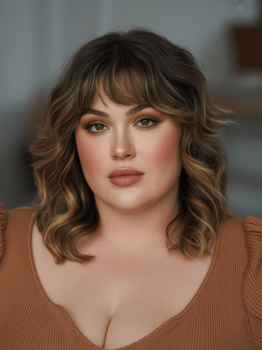flattering summer haircuts for plus size women 2026 Shaggy medium length with curtain bangs and soft waves