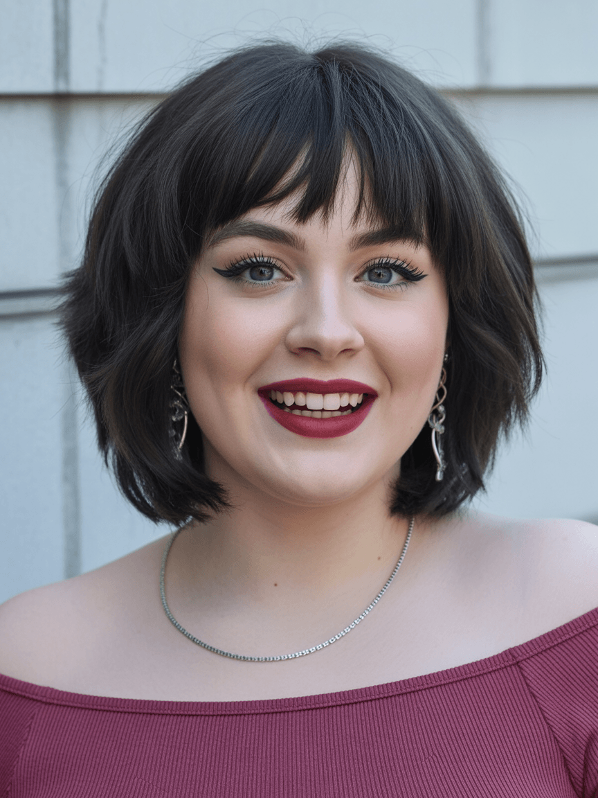 flattering summer haircuts for plus size women 2026 Choppy short bob with soft bangs and airy texture