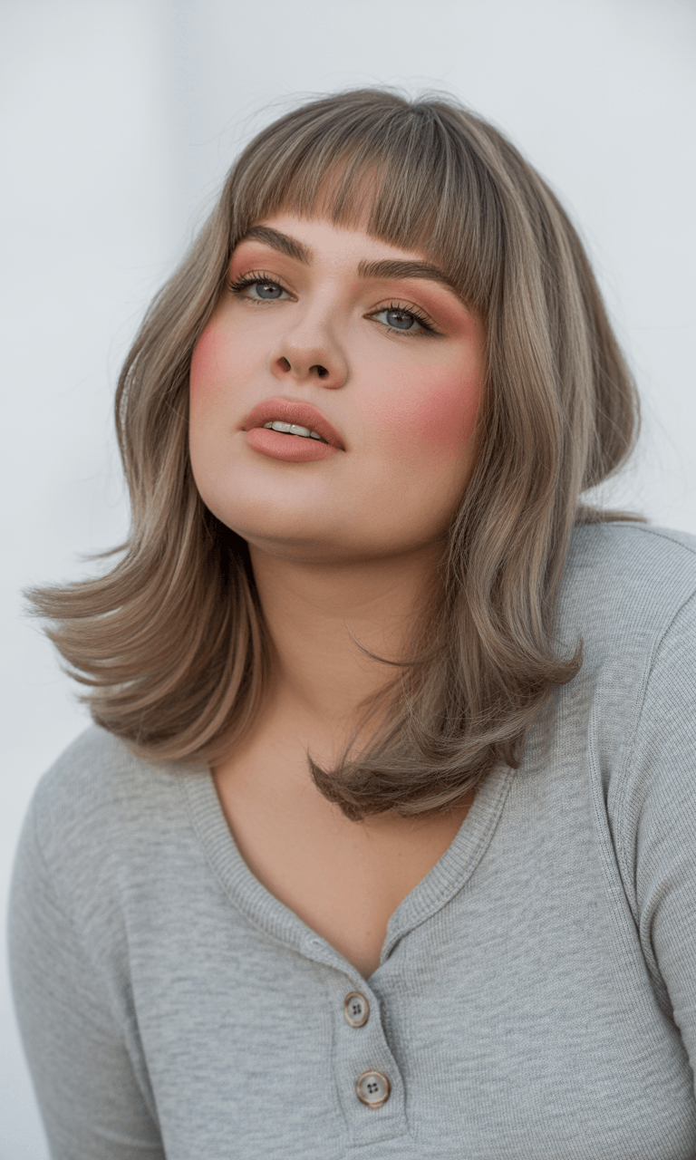 flattering summer haircuts for plus size women 2026 Soft medium length layers with full fringe and volume