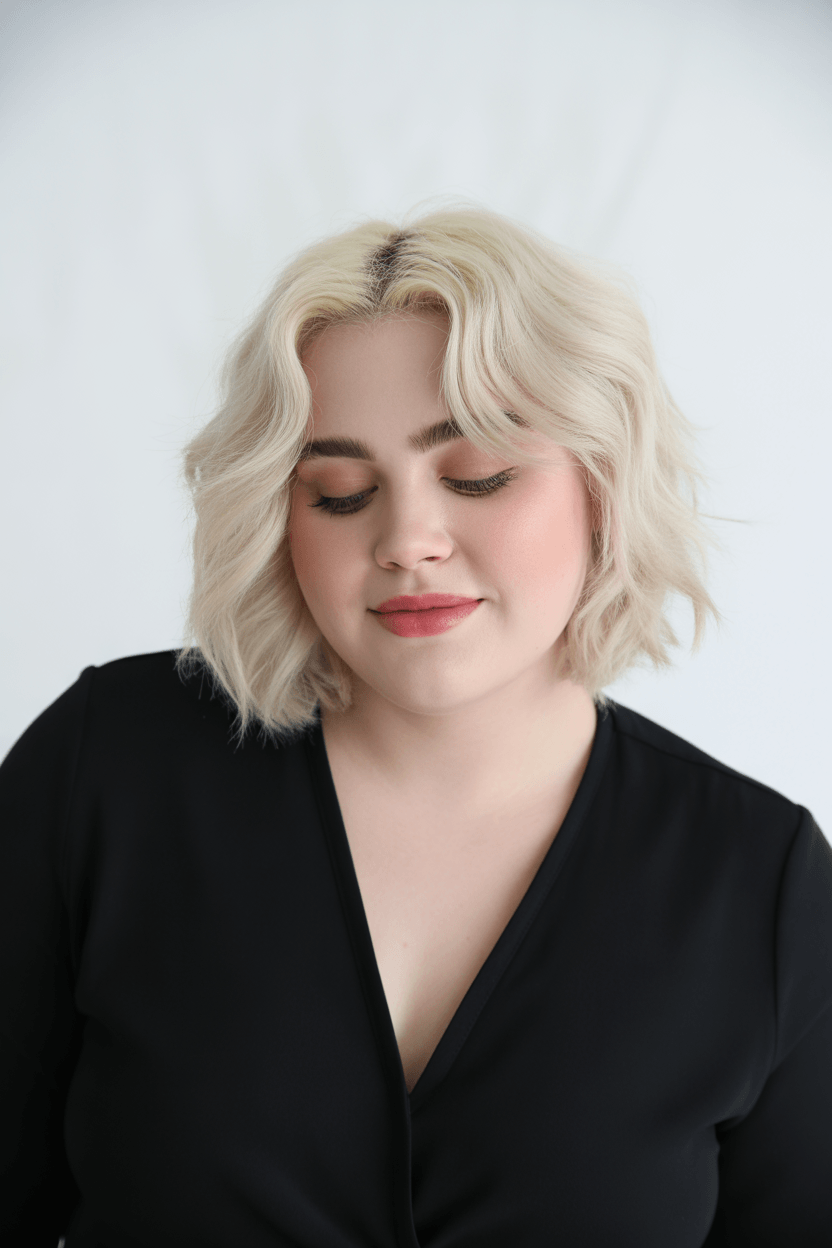 flattering summer haircuts for plus size women 2026 Soft blonde textured bob with natural waves