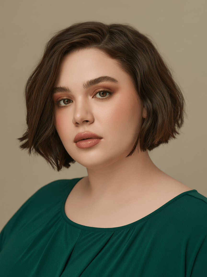flattering summer haircuts for plus size women 2026 Soft angled bob with natural volume and side flow