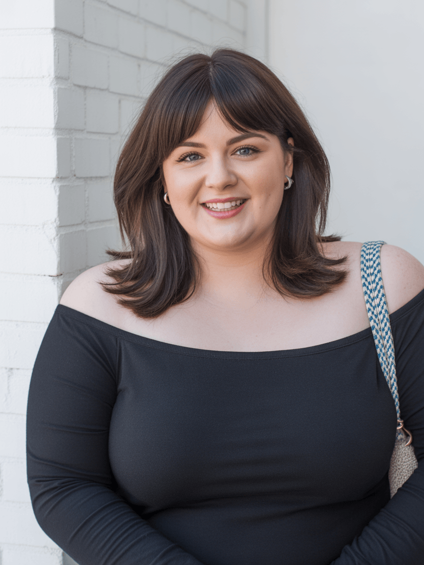 flattering summer haircuts for plus size women 2026 Layered mid length with curtain bangs and soft bounce