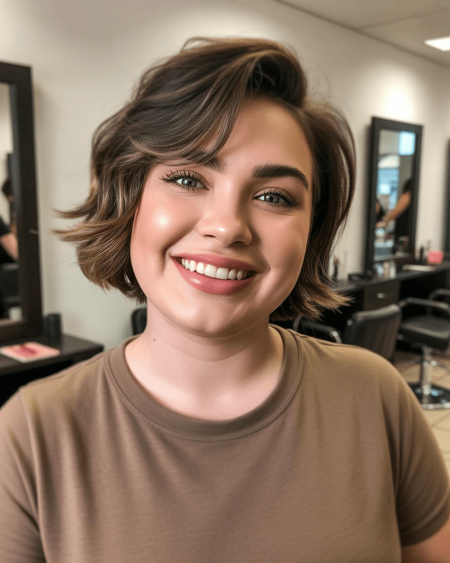 flattering summer haircuts for plus size women 2026 Short layered bob with lifted crown and soft waves