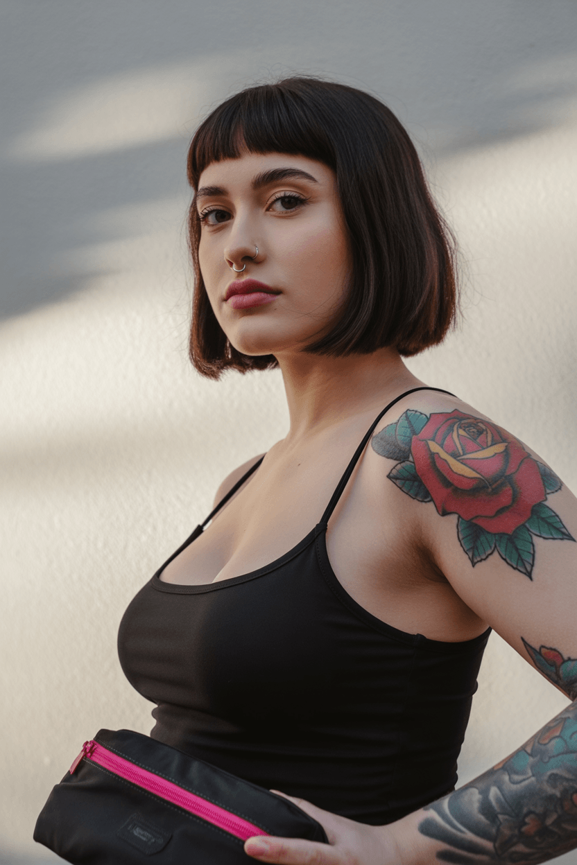 flattering summer haircuts for plus size women 2026 Blunt short bob with micro bangs and sharp finish