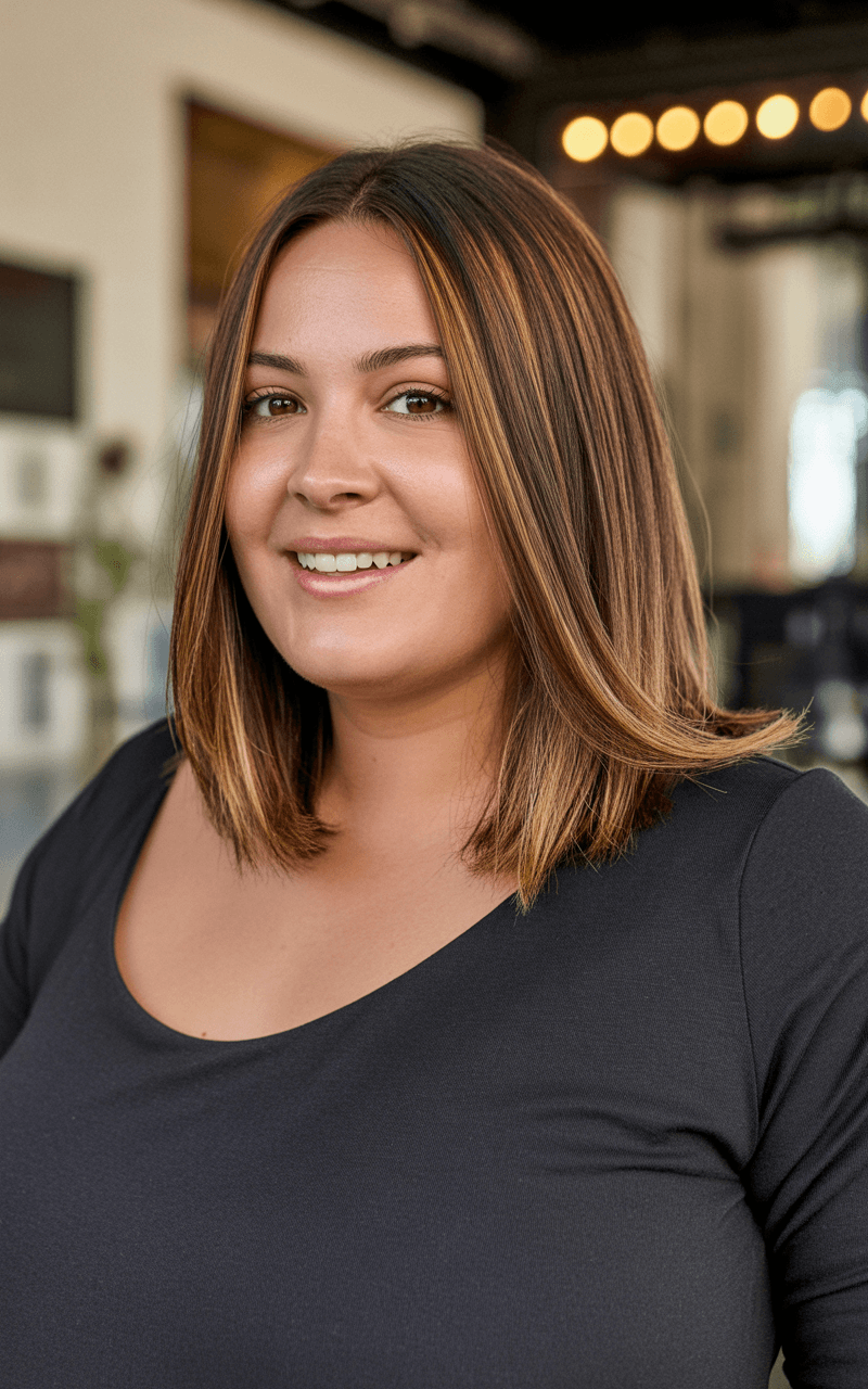 flattering summer haircuts for plus size women 2026 Sleek straight mid length cut with soft inward ends