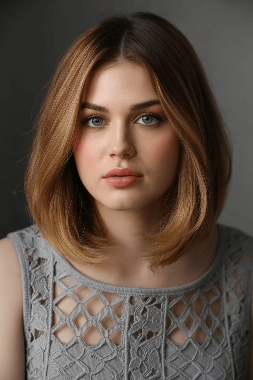 flattering summer haircuts for plus size women 2026 Layered shoulder length with soft volume and blended highlights