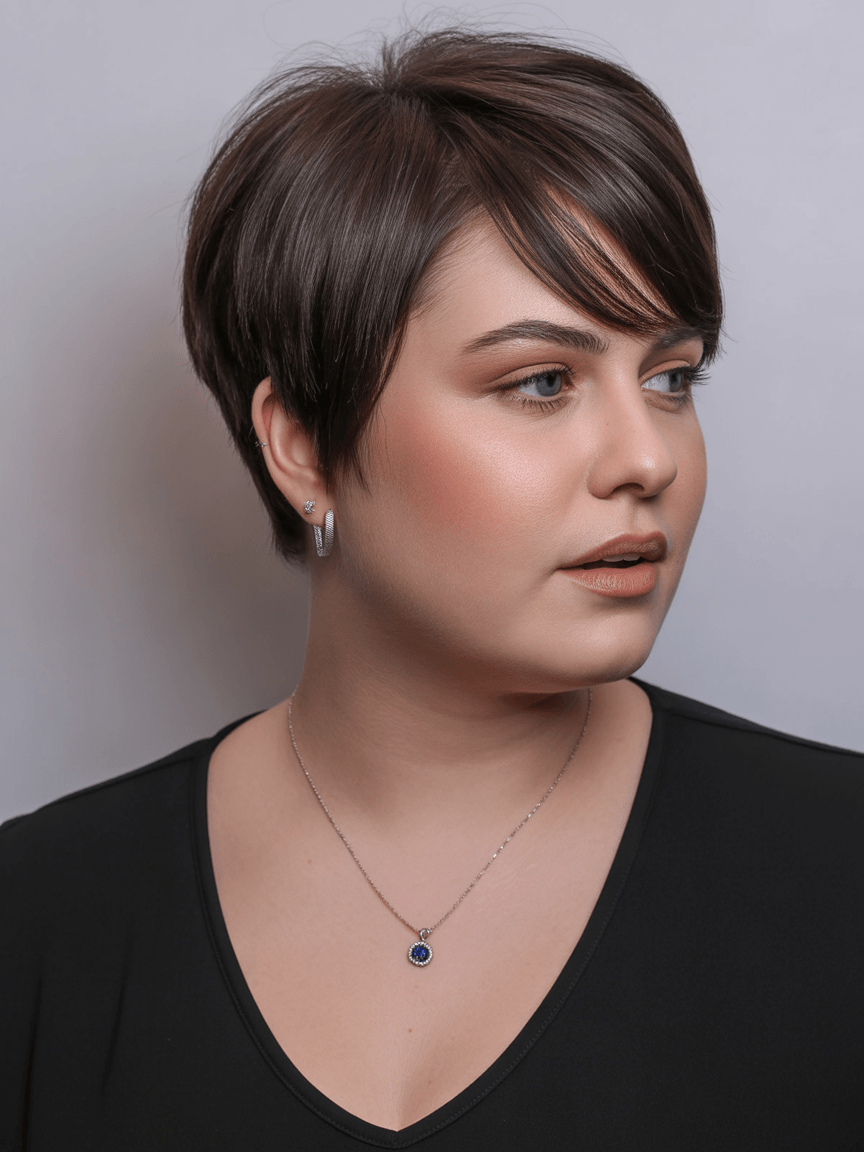 flattering summer haircuts for plus size women 2026 Short pixie with soft side sweep and natural volume