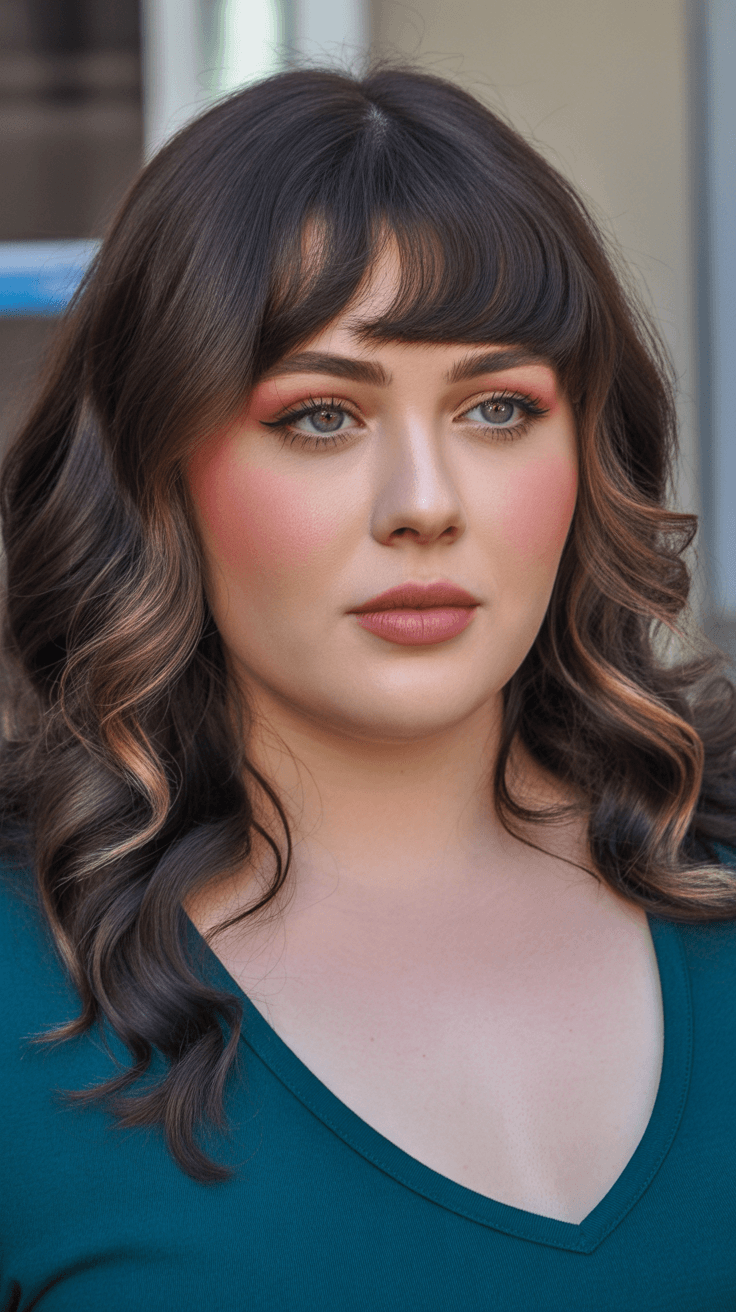 flattering summer haircuts for plus size women 2026 Curly shoulder length with full bangs and soft dimension
