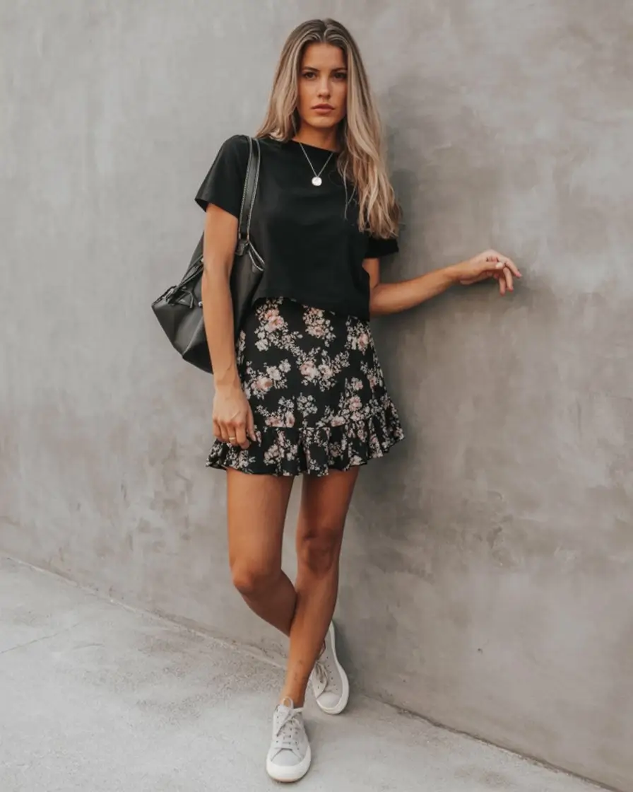 floral summer skirt outfits 2026 minimal black tee with floral mini skirt for everyday chic