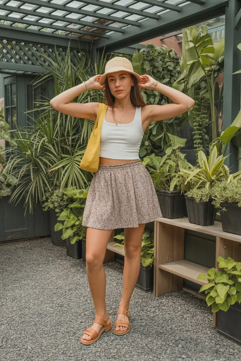 floral summer skirt outfits 2026 relaxed summer look with soft mini floral skirt and tank top