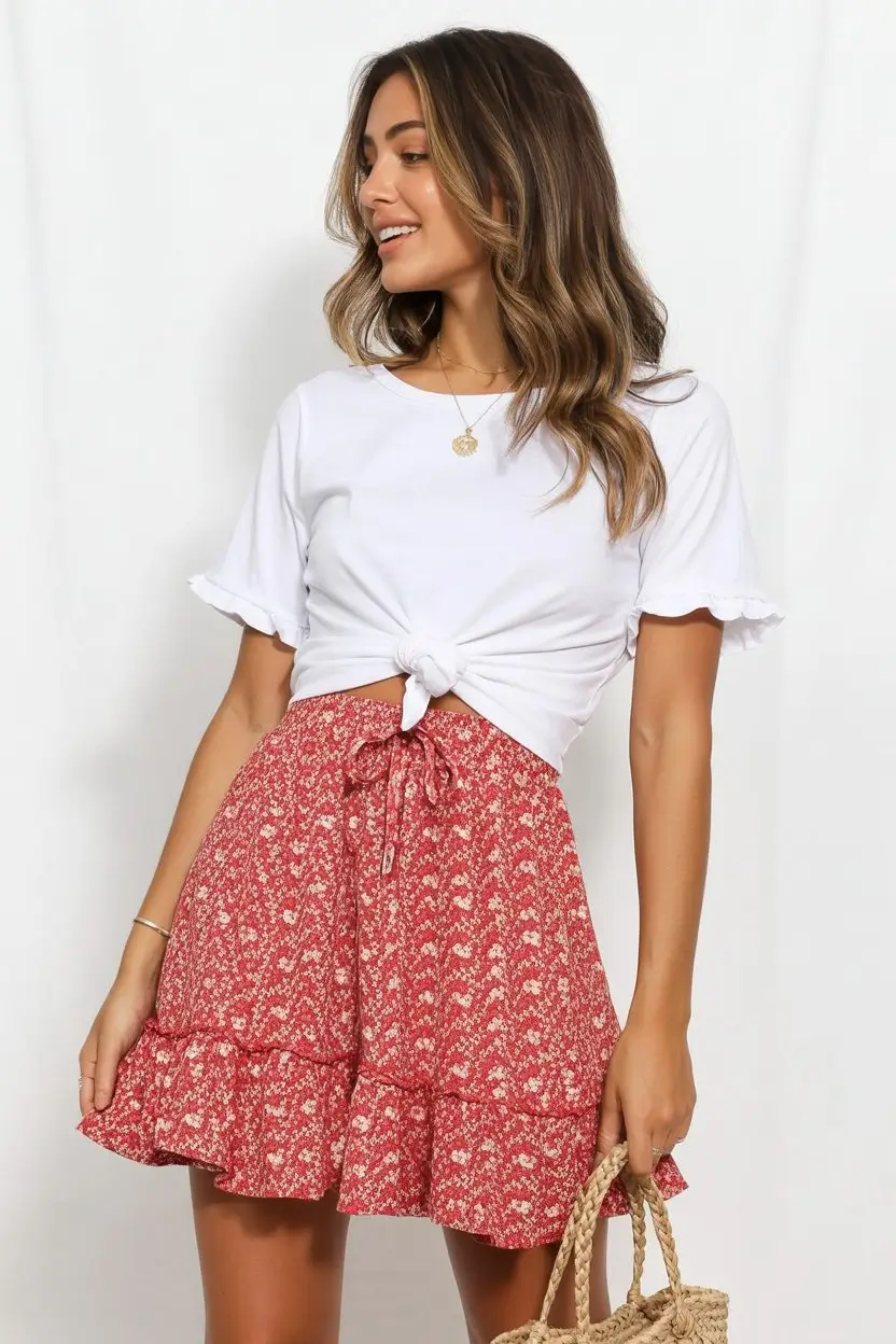 floral summer skirt outfits 2026 playful red floral mini skirt with tied white top