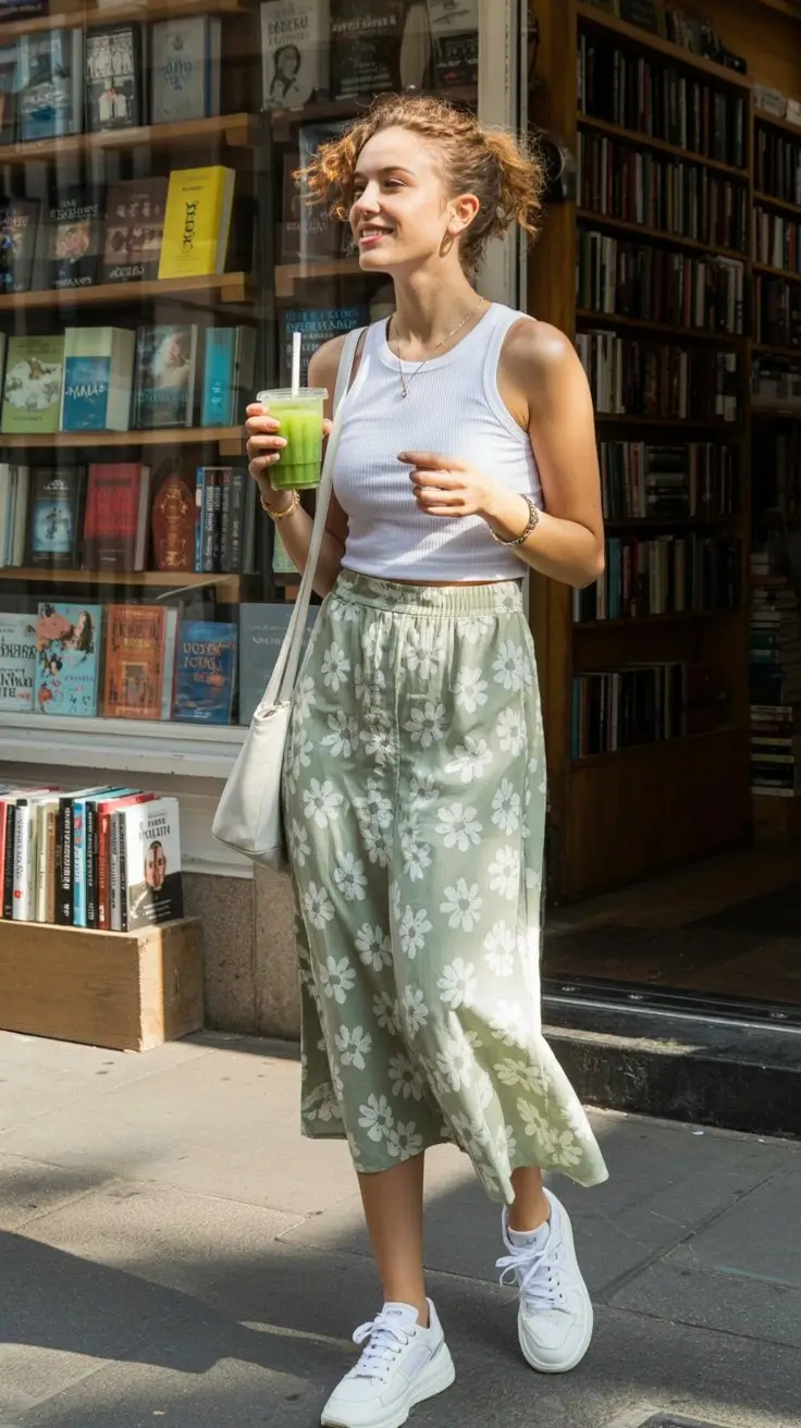 floral summer skirt outfits 2026 fresh green midi floral skirt with sporty summer vibe