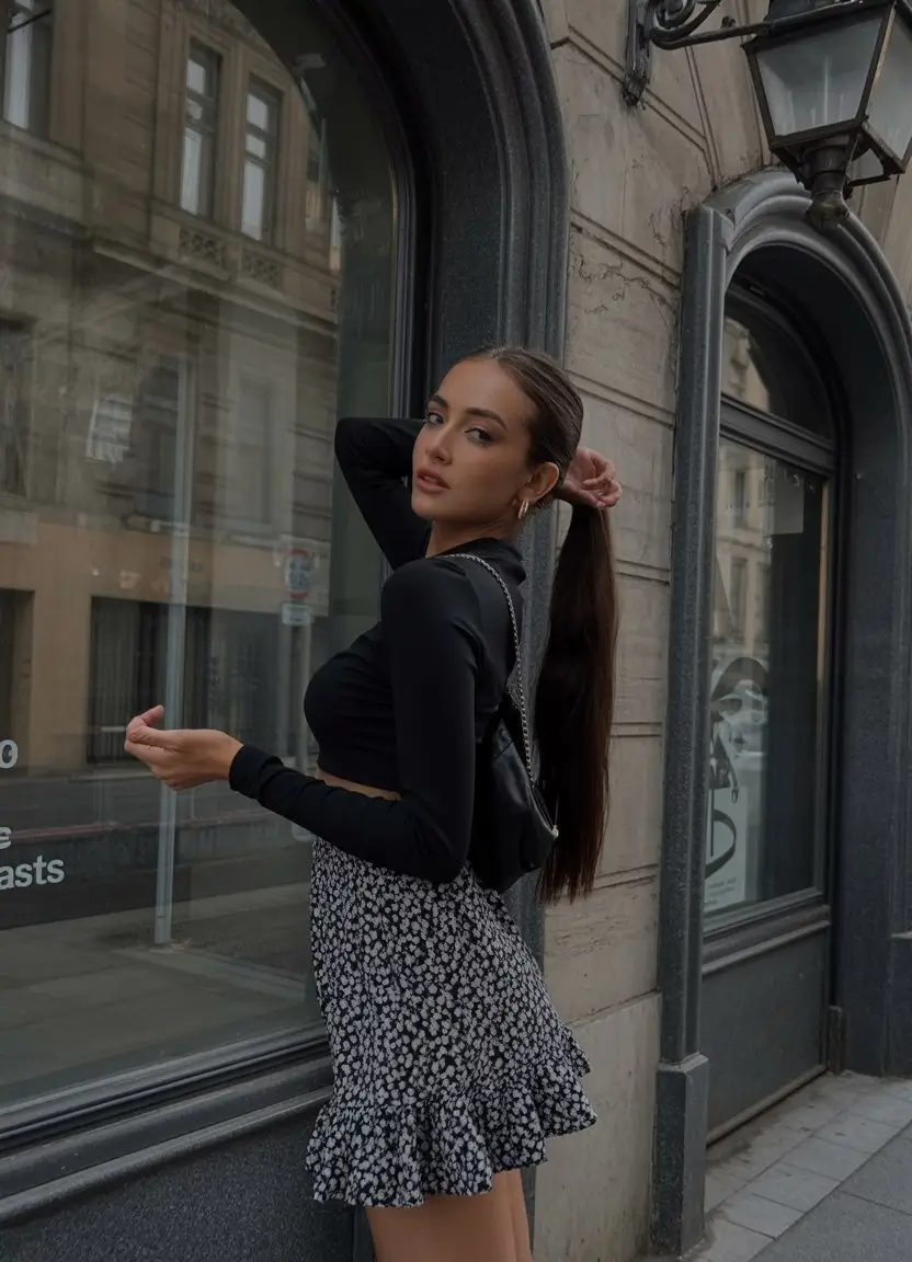 floral summer skirt outfits 2026 all black top with floral mini skirt evening street style