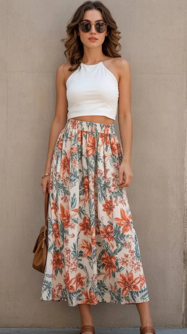 floral summer skirt outfits 2026 light maxi floral skirt with minimal white summer top