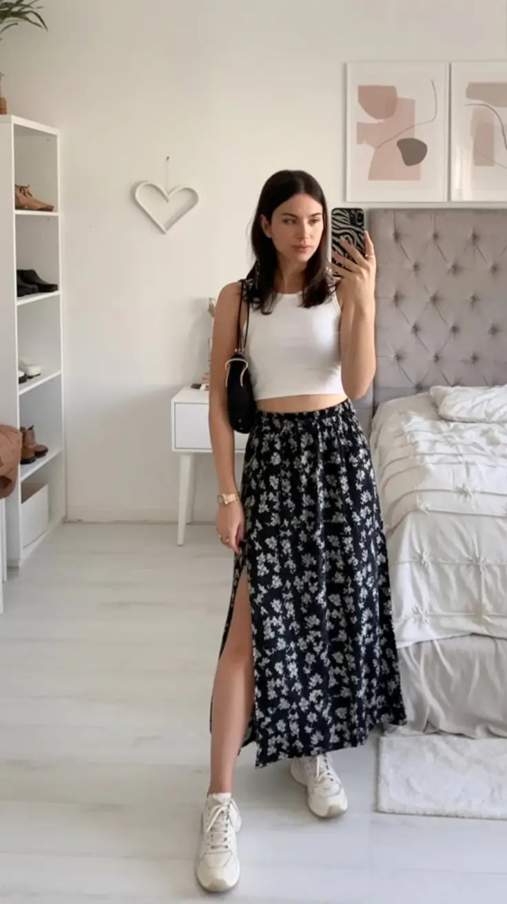 floral summer skirt outfits 2026 black floral maxi skirt with sporty white crop top vibe