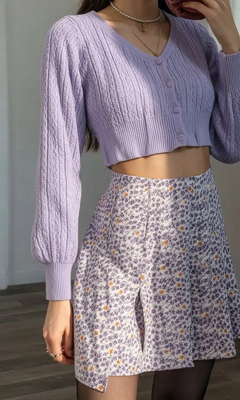 floral summer skirt outfits 2026 soft lavender knit with delicate floral mini skirt balance