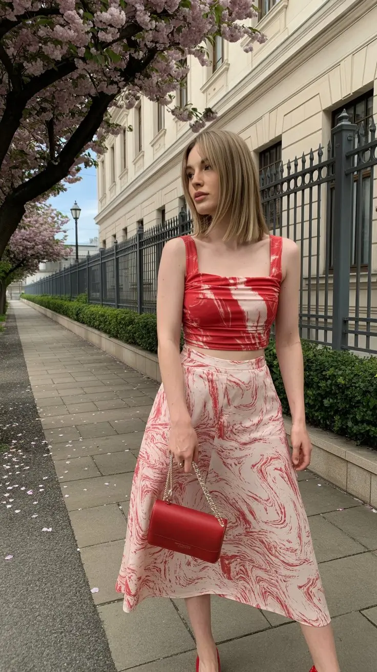 floral summer skirt outfits 2026 red crop top and flowing midi floral skirt moment