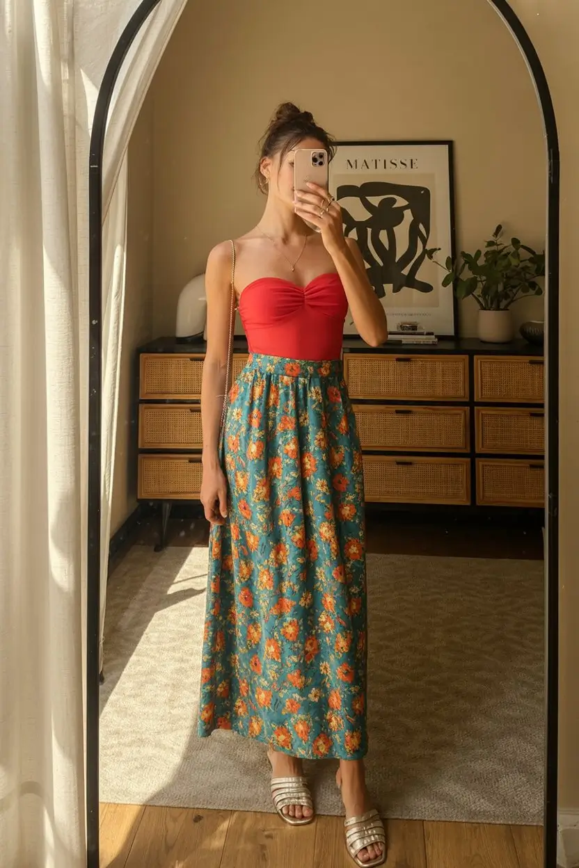 floral summer skirt outfits 2026 bold red top with vibrant floral maxi skirt statement