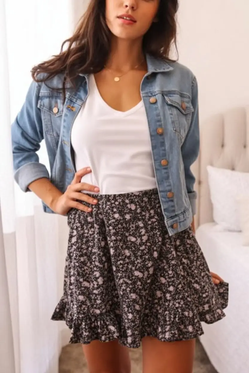floral summer skirt outfits 2026 denim jacket layered with black floral mini skirt casual look