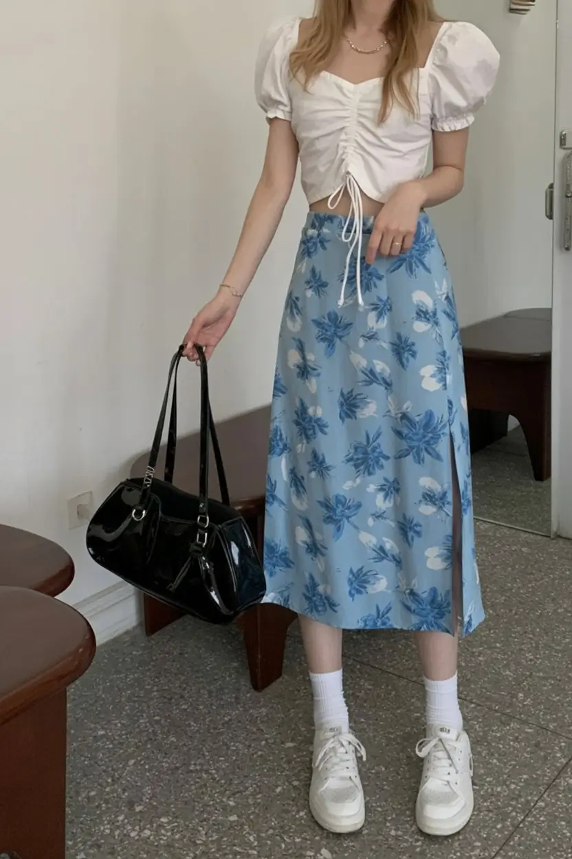 floral summer skirt outfits 2026 soft blue floral midi skirt with feminine summer top