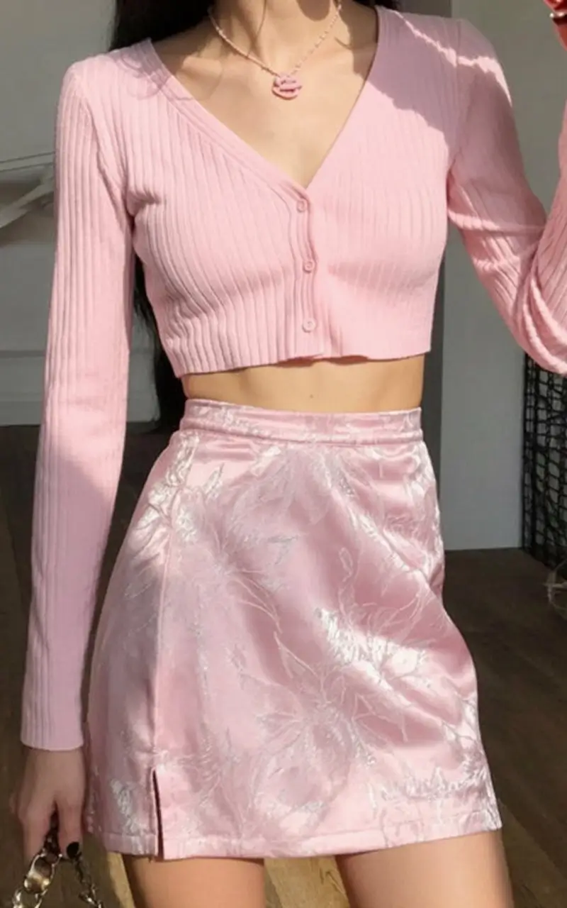 floral summer skirt outfits 2026 soft pink satin mini skirt with fitted knit top