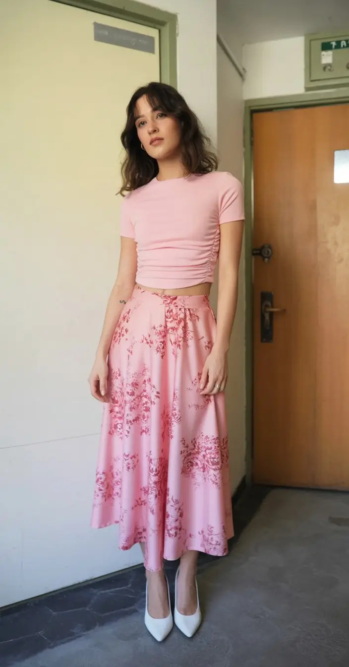 floral summer skirt outfits 2026 pink floral midi skirt with minimal top balance
