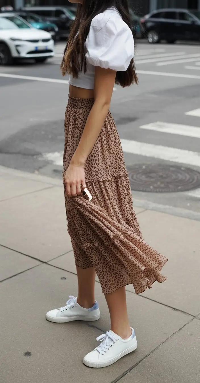 floral summer skirt outfits 2026 effortless street style with flowy brown floral midi skirt