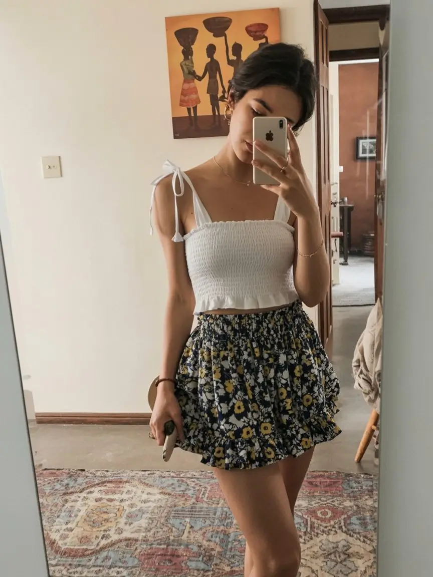 floral summer skirt outfits 2026 light summer look with black floral mini skirt and white top