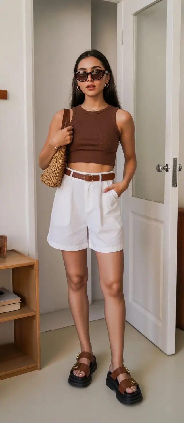 hot summer heat wave outfits 2026 Neutral tailored shorts and fitted tank quiet confidence