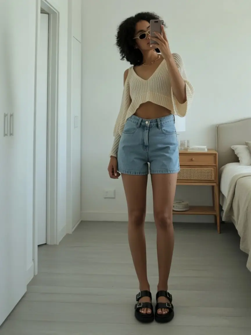hot summer heat wave outfits 2026 Soft knit crop and denim shorts relaxed home styling