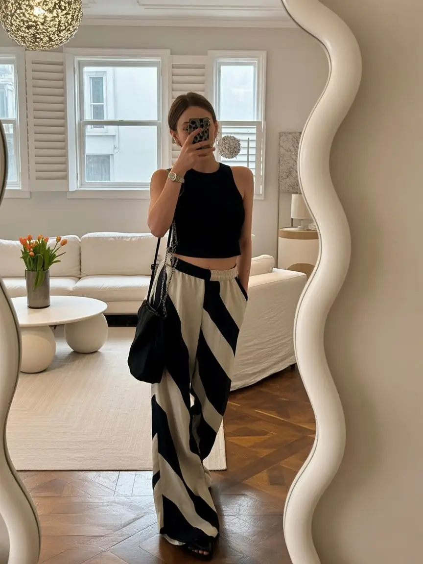 hot summer heat wave outfits 2026 Wide leg statement pants and cropped tank modern contrast