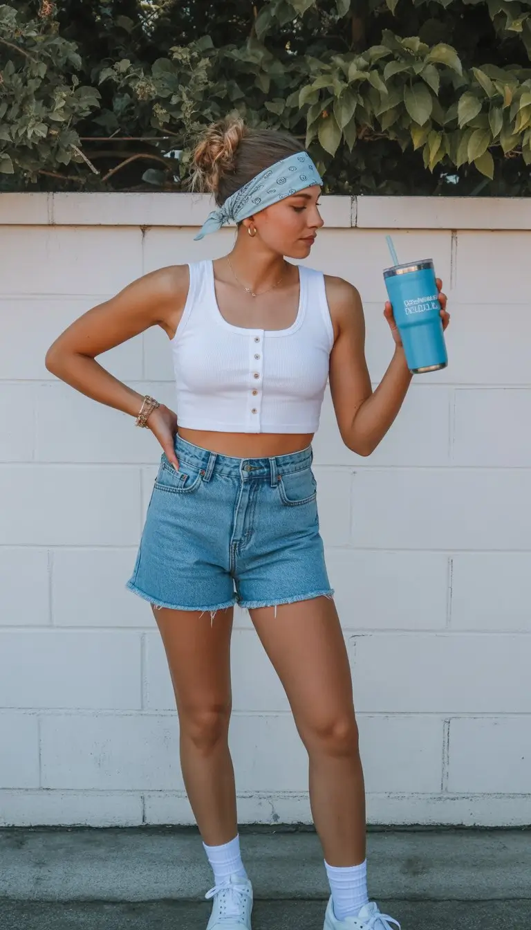 hot summer heat wave outfits 2026 Classic tank and denim shorts effortless everyday rhythm