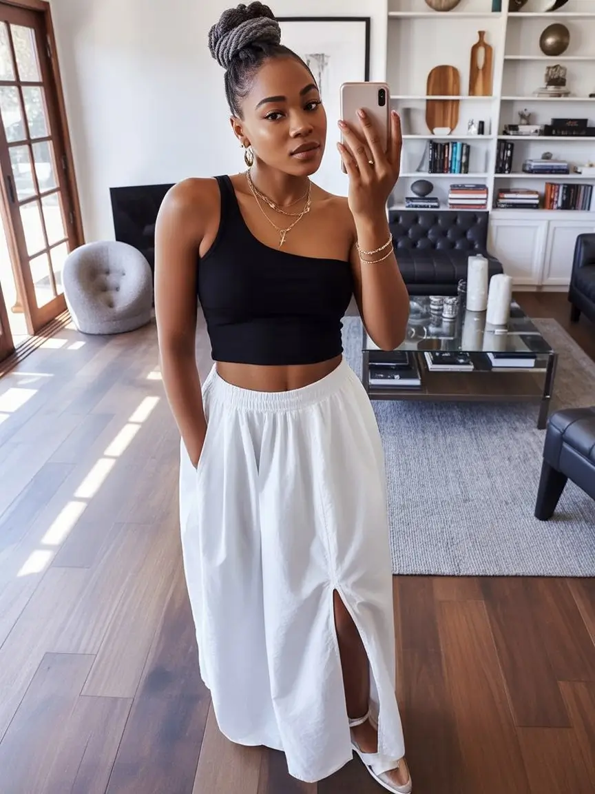 hot summer heat wave outfits 2026 Black crop top and airy midi skirt balanced simplicity