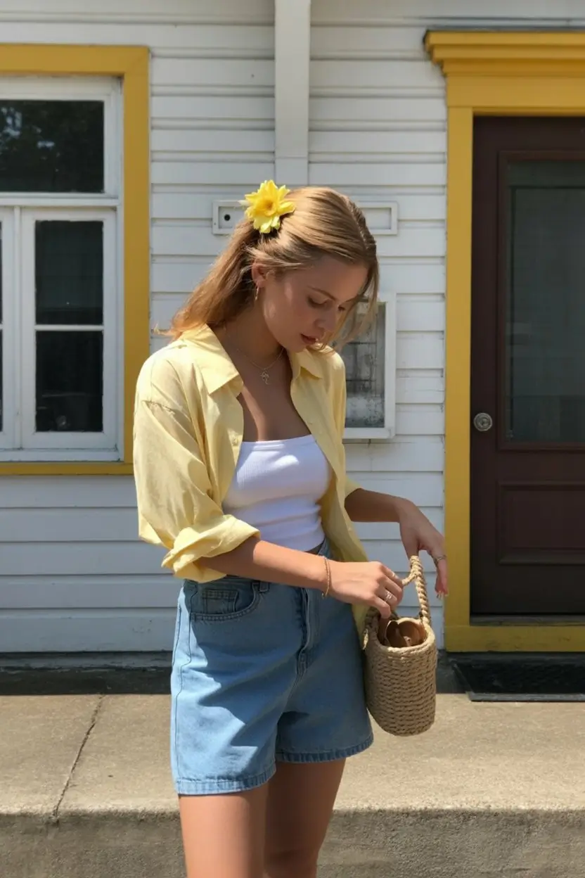 hot summer heat wave outfits 2026 Light shirt layering with vintage denim shorts