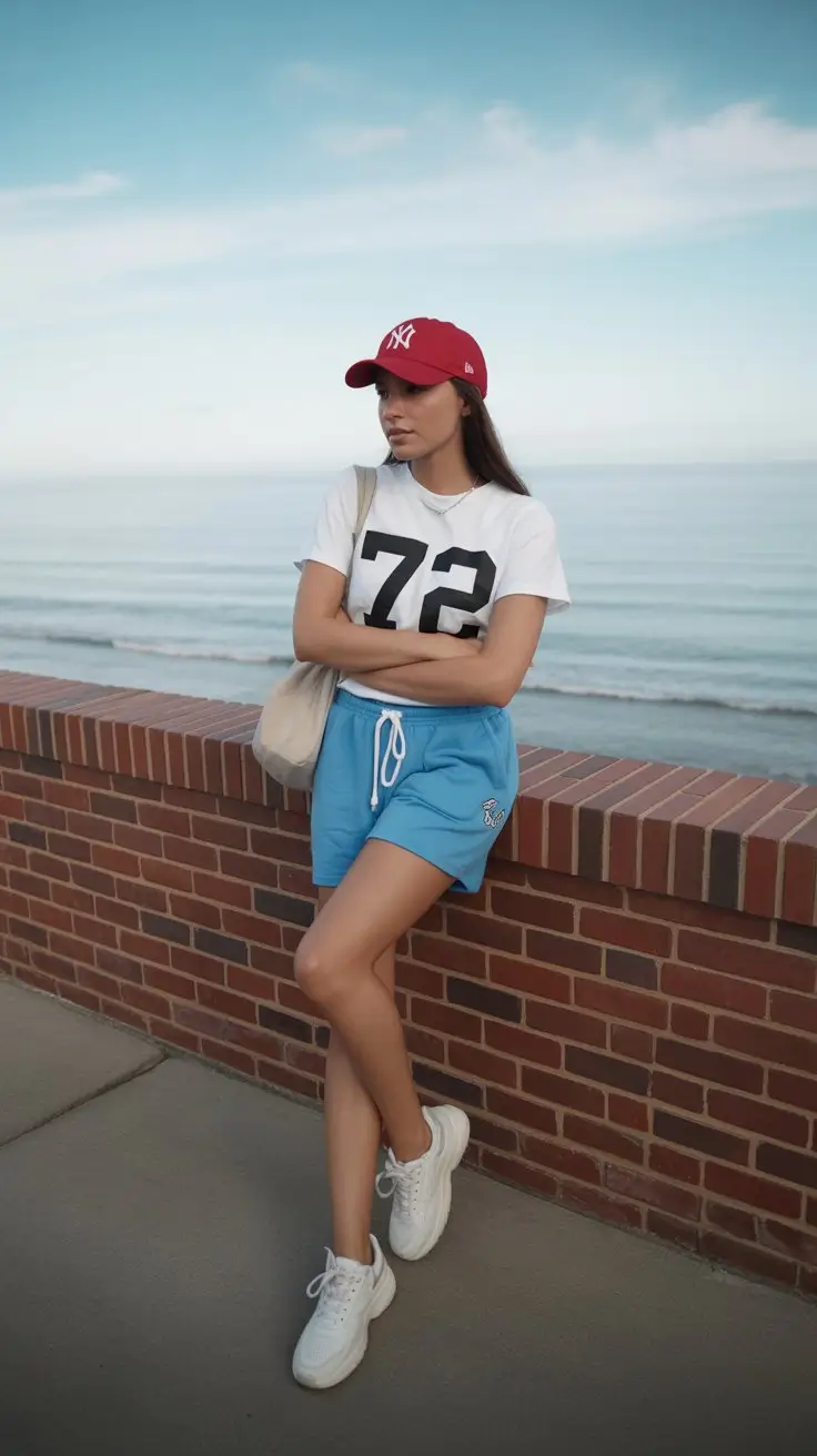 hot summer heat wave outfits 2026 Sporty shorts and graphic tee coastal mood