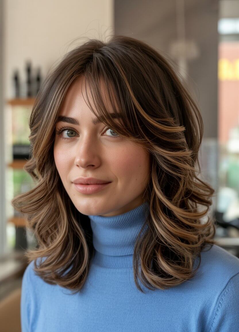 layered summer haircuts for medium hair 2026 Soft feathered layers with airy bangs